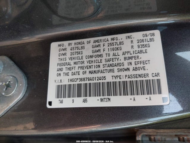 Aukcja sprzedaży 2009 Honda Accord 3.5 Ex-l, vin: 1HGCP36879A012405, numer aukcji: 45999035