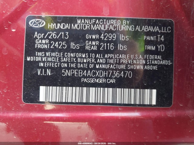 2013 Hyundai Sonata Gls მანქანა იყიდება აუქციონზე, vin: 5NPEB4ACXDH736470, აუქციონის ნომერი: 45999043