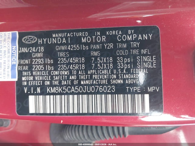 45999045 :رقم المزاد ، KM8K5CA50JU076023 vin ، 2018 Hyundai Kona Ultimate مزاد بيع