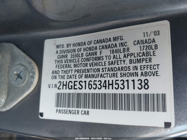 Продажа на аукционе авто 2004 Honda Civic Lx, vin: 2HGES16534H531138, номер лота: 45999046