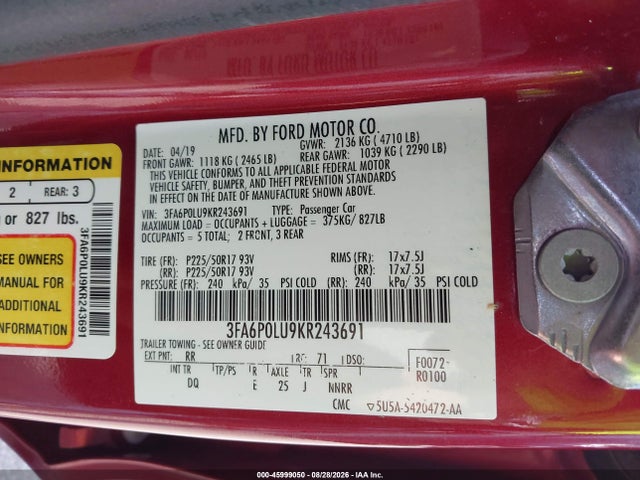 Ford Fusion Hybrid Se 2019 3FA6P0LU9KR243691 Image 9