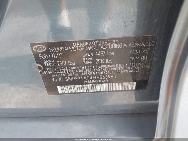 2017 Hyundai Sonata Se მანქანა იყიდება აუქციონზე, vin: 5NPE24AF4HH565960, აუქციონის ნომერი: 45999053