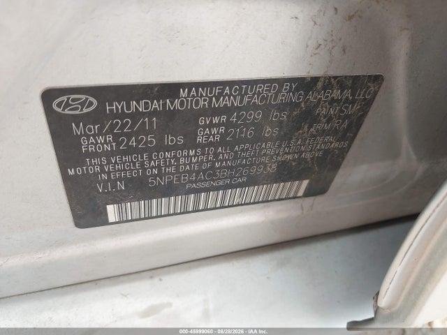 45999060 :رقم المزاد ، 5NPEB4AC3BH269938 vin ، 2011 Hyundai Sonata Gls مزاد بيع