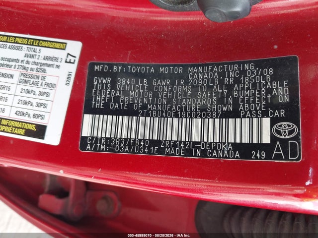 Aukcja sprzedaży 2009 Toyota Corolla Le, vin: 2T1BU40E19C020387, numer aukcji: 45999070