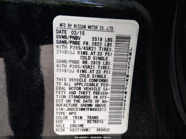 Aukcja sprzedaży 2015 Infiniti Qx70, vin: JN8CS1MW7FM483312, numer aukcji: 45999071