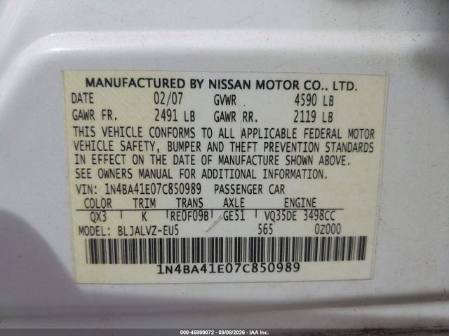 Продажа на аукционе авто 2007 Nissan Maxima 3.5 Se, vin: 1N4BA41E07C850989, номер лота: 45999072