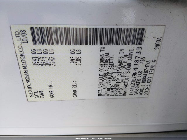 45999080 :رقم المزاد ، 1N4AL21E79N438733 vin ، 2009 Nissan Altima 2.5 S مزاد بيع