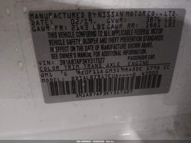 45999082 :رقم المزاد ، 3N1AB7AP3KY317527 vin ، 2019 Nissan Sentra S مزاد بيع