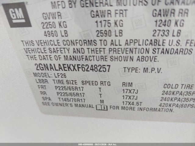 45999088 :رقم المزاد ، 2GNALAEKXF6248257 vin ، 2015 Chevrolet Equinox Ls مزاد بيع