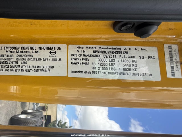 Продаж на аукціоні авто 2019 Hino 338, vin: 5PVNV8JV4K4S59120, номер лоту: 45999091