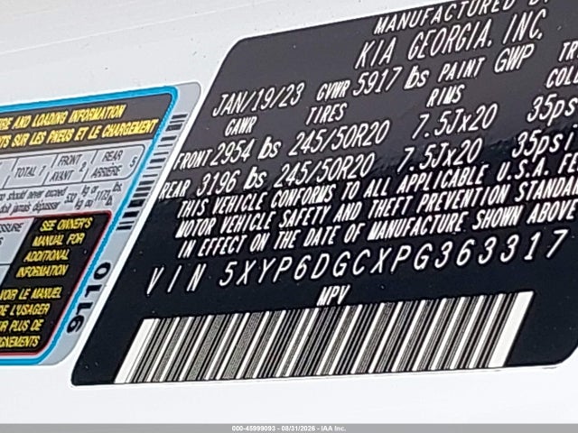 45999093 :رقم المزاد ، 5XYP6DGCXPG363317 vin ، 2023 Kia Telluride S مزاد بيع
