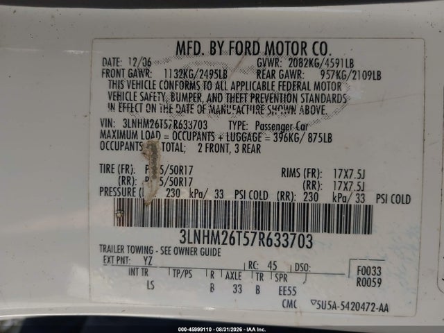 Aukcja sprzedaży 2007 Lincoln Mkz, vin: 3LNHM26T57R633703, numer aukcji: 45999110