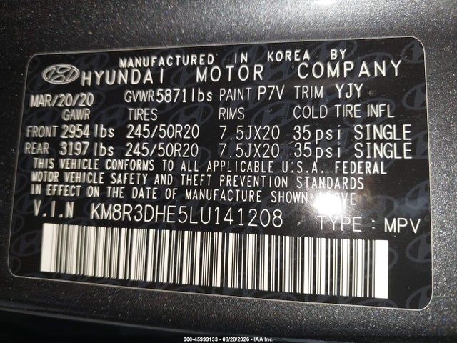 2020 Hyundai Palisade Sel მანქანა იყიდება აუქციონზე, vin: KM8R3DHE5LU141208, აუქციონის ნომერი: 45999133