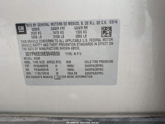 45999136 :رقم المزاد ، 3GYFNEE38ES643539 vin ، 2014 Cadillac Srx Luxury Collection مزاد بيع