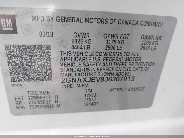 45999141 :رقم المزاد ، 2GNAXJEV8J6307913 vin ، 2018 Chevrolet Equinox Lt مزاد بيع