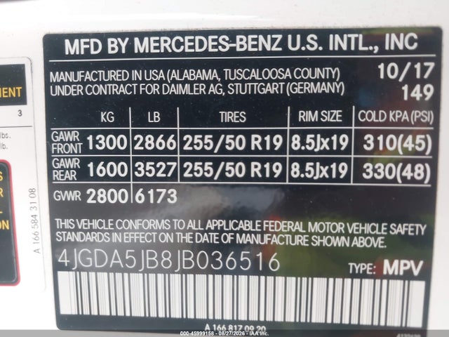 45999158 :رقم المزاد ، 4JGDA5JB8JB036516 vin ، 2018 Mercedes-benz Gle 350 مزاد بيع