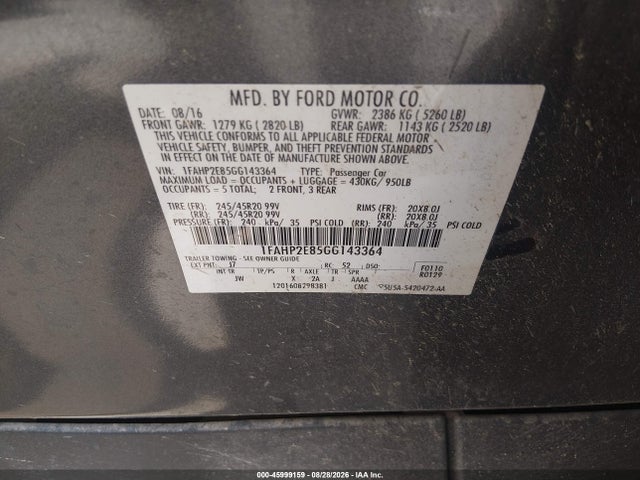 Ford TAURUS SEL 2016 1FAHP2E85GG143364 Image 9