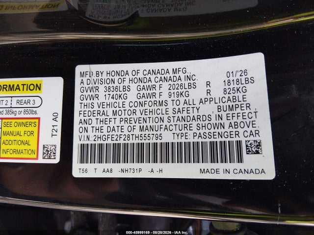 Honda Civic Lx 2026 2HGFE2F28TH555795 Image 9