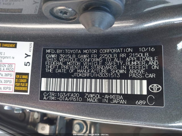 Продаж на аукціоні авто 2017 Toyota Prius Two, vin: JTDKBRFU1H3031513, номер лоту: 45999177