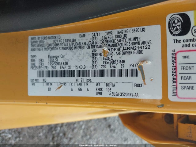 45999181 :رقم المزاد ، 3FADP4FJ4BM216122 vin ، 2011 Ford Fiesta Ses مزاد بيع