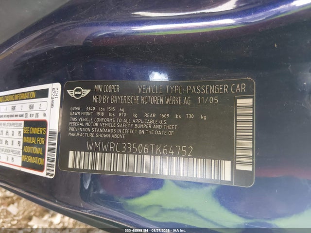 Продажа на аукционе авто 2006 Mini Cooper, vin: WMWRC33506TK64752, номер лота: 45999184