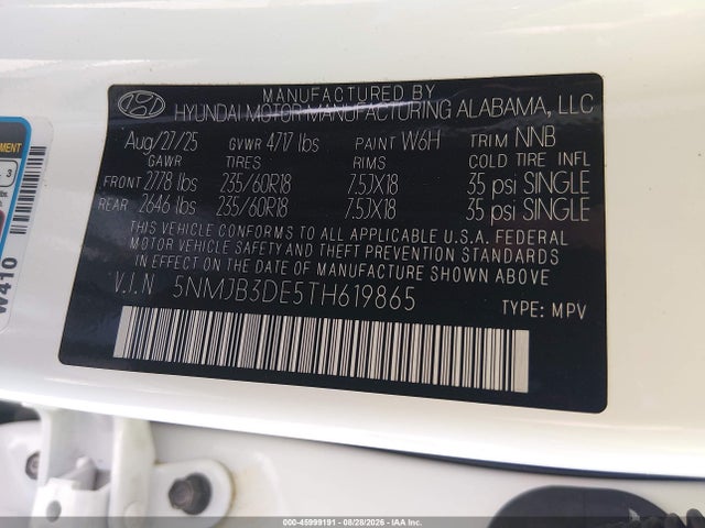 Aukcja sprzedaży 2026 Hyundai Tucson Sel, vin: 5NMJB3DE5TH619865, numer aukcji: 45999191