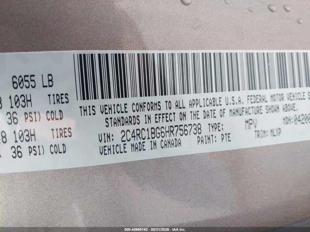 Aukcja sprzedaży 2017 Chrysler Pacifica Touring-l, vin: 2C4RC1BG6HR756738, numer aukcji: 45999192
