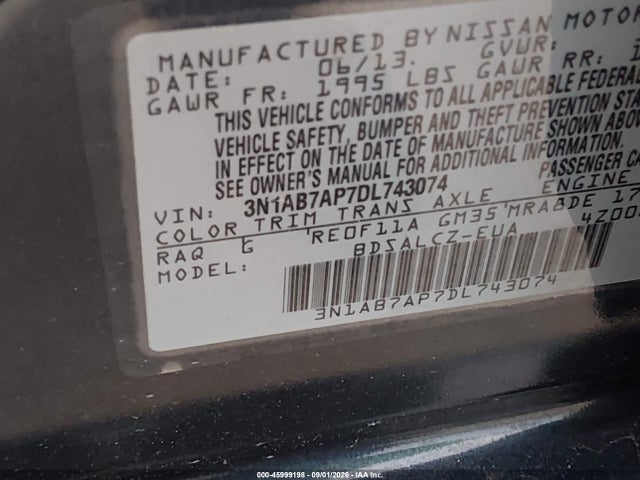 Продажа на аукционе авто 2013 Nissan Sentra S, vin: 3N1AB7AP7DL743074, номер лота: 45999198