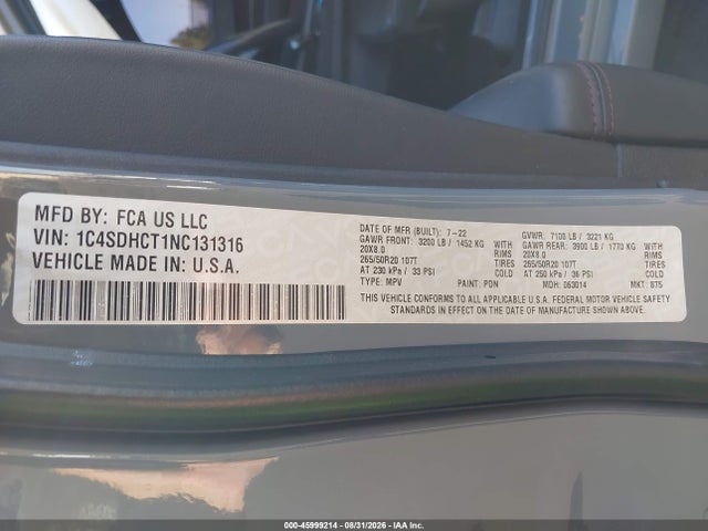 Dodge Durango R/t Plus Rwd 2022 1C4SDHCT1NC131316 Image 9