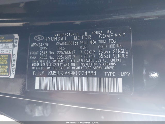 Продаж на аукціоні авто 2019 Hyundai Tucson Value, vin: KM8J33A49KU024884, номер лоту: 45999218