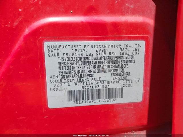 Aukcja sprzedaży 2018 Nissan Sentra Sv, vin: 3N1AB7AP1JL616932, numer aukcji: 45999221