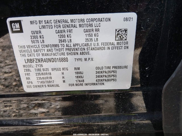 Aukcja sprzedaży 2022 Buick Envision Fwd Essence, vin: LRBFZNR40ND016880, numer aukcji: 45999229