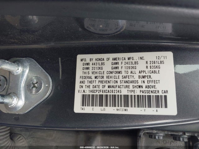 Aukcja sprzedaży 2012 Honda Accord 2.4 Ex-l, vin: 1HGCP2F8XCA062345, numer aukcji: 45999232