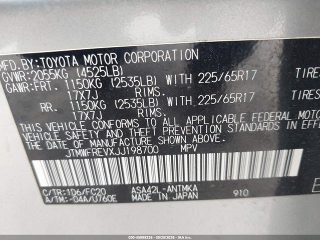 45999236 :رقم المزاد ، JTMWFREVXJJ198700 vin ، 2018 Toyota Rav4 Xle مزاد بيع