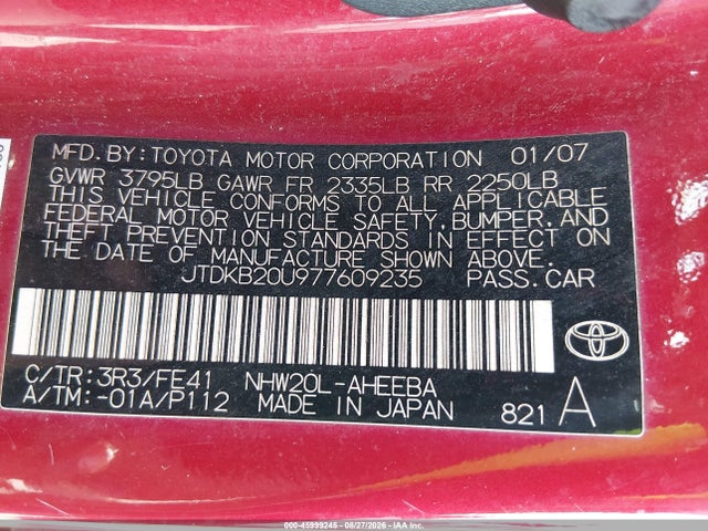 Aukcja sprzedaży 2007 Toyota Prius, vin: JTDKB20U977609235, numer aukcji: 45999245
