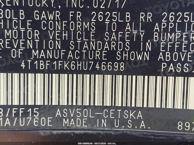 Продаж на аукціоні авто 2017 Toyota Camry Se, vin: 4T1BF1FK6HU746698, номер лоту: 45999246