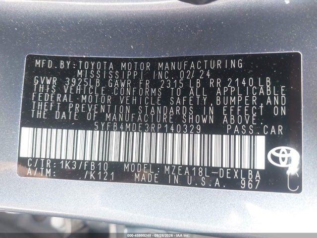45999248 :رقم المزاد ، 5YFB4MDE3RP140329 vin ، 2024 Toyota Corolla Le مزاد بيع