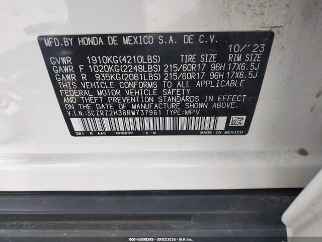 2024 Honda Hr-v Awd Lx მანქანა იყიდება აუქციონზე, vin: 3CZRZ2H38RM737961, აუქციონის ნომერი: 45999249