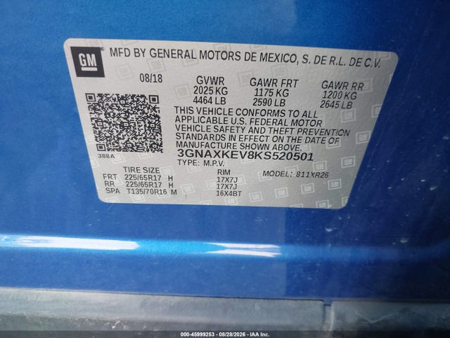 Aukcja sprzedaży 2019 Chevrolet Equinox Lt, vin: 3GNAXKEV8KS520501, numer aukcji: 45999253