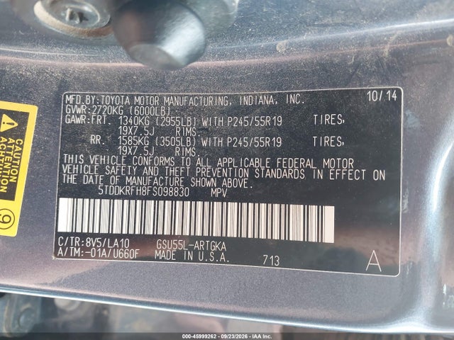 45999262 :رقم المزاد ، 5TDDKRFH8FS098830 vin ، 2015 Toyota Highlander Limited V6 مزاد بيع