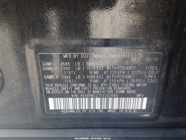 Aukcja sprzedaży 2013 Subaru Outback 2.5i Premium, vin: 4S4BRBCC7D3302689, numer aukcji: 45999268