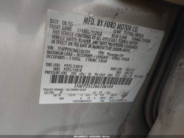 2006 Ford Five Hundred Limited მანქანა იყიდება აუქციონზე, vin: 1FAFP25126G106104, აუქციონის ნომერი: 45999272