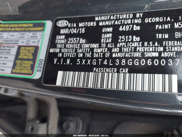 2016 Kia Optima Lx მანქანა იყიდება აუქციონზე, vin: 5XXGT4L38GG060037, აუქციონის ნომერი: 45999292