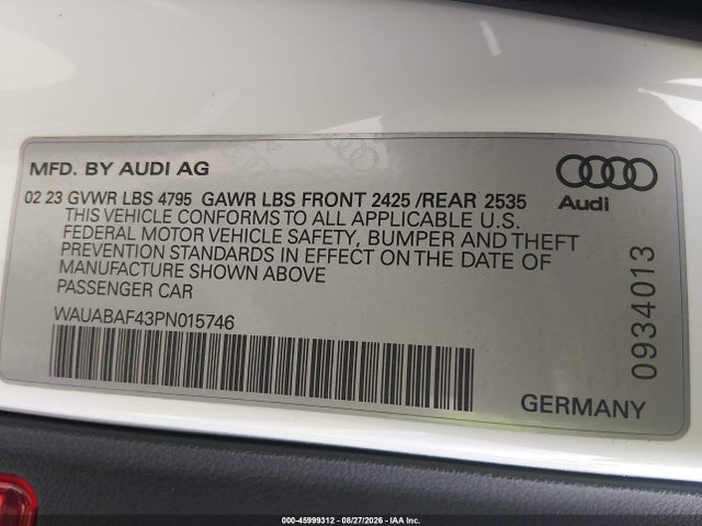 Продажа на аукционе авто 2023 Audi A4 Premium 40 Tfsi Quattro S Tronic, vin: WAUABAF43PN015746, номер лота: 45999312