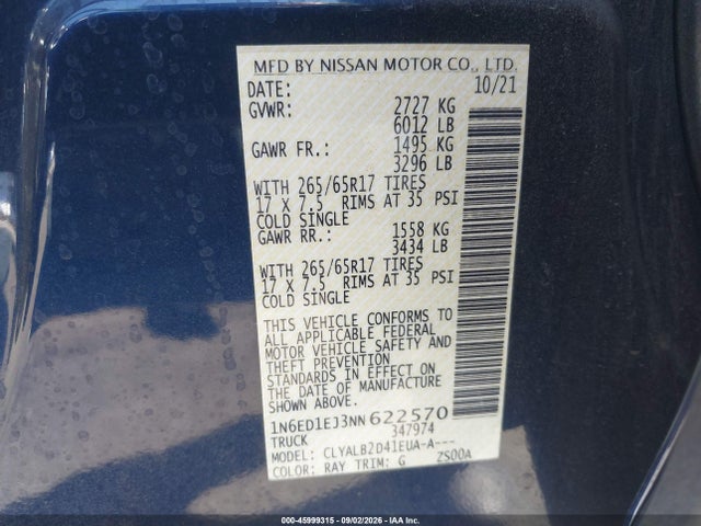 Aukcja sprzedaży 2022 Nissan Frontier Sv 4x2, vin: 1N6ED1EJ3NN622570, numer aukcji: 45999315