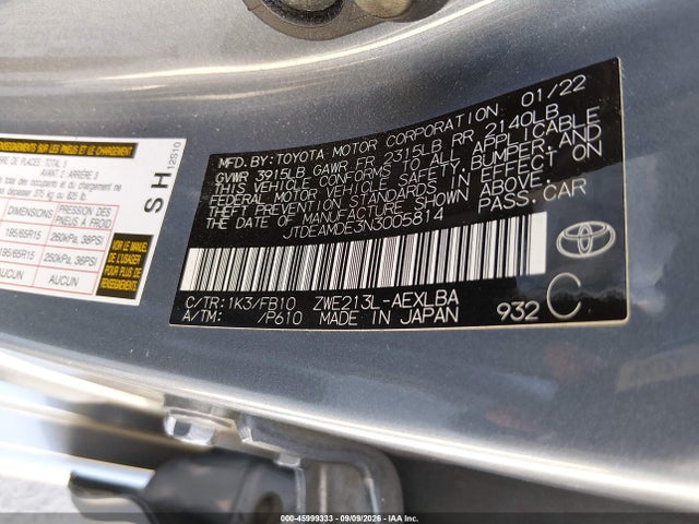 Auction sale of the 2022 Toyota Corolla Hybrid Le, vin: JTDEAMDE3N3005814, lot number: 45999333