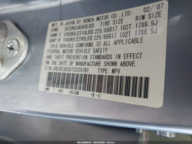 Aukcja sprzedaży 2007 Honda Cr-v Ex, vin: JHLRE38587C039781, numer aukcji: 45999334