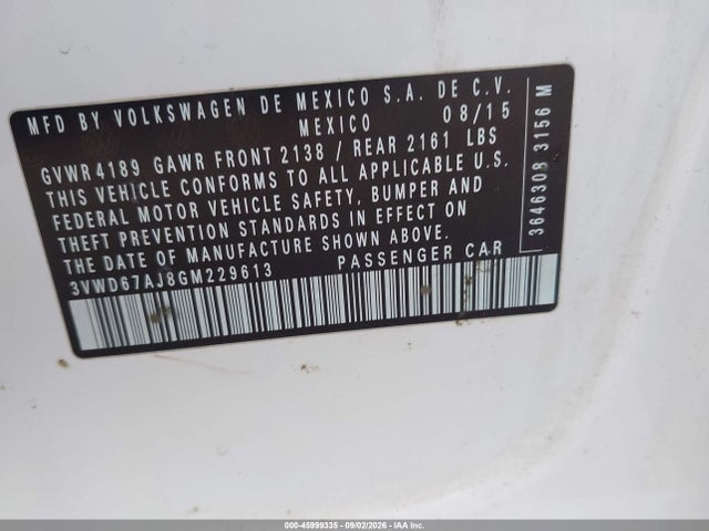 45999335 :رقم المزاد ، 3VWD67AJ8GM229613 vin ، 2016 Volkswagen Jetta 1.4t Se مزاد بيع