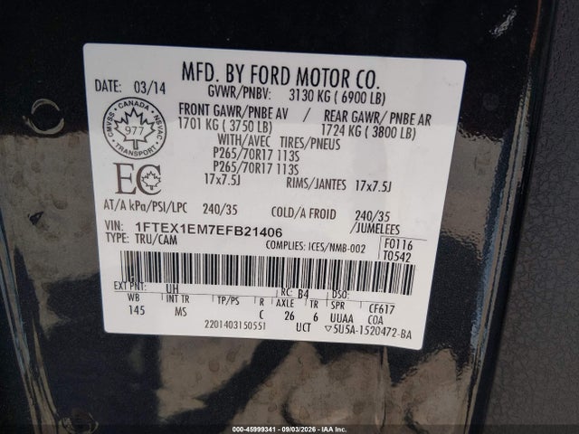 Продаж на аукціоні авто 2014 Ford F-150 Xlt, vin: 1FTEX1EM7EFB21406, номер лоту: 45999341