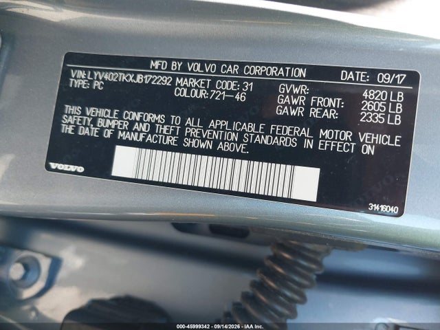 2018 Volvo S60 Inscription T5 მანქანა იყიდება აუქციონზე, vin: LYV402TKXJB172292, აუქციონის ნომერი: 45999342